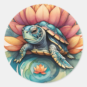 Sea Turtle Lotus Flower Art Turtles Nature Lovers Classic Round Sticker
