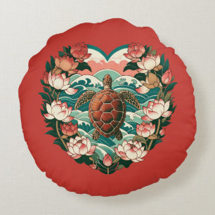 Sea Turtle Lotus Flower Seas Turtles               Round Cushion
