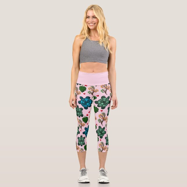 Sea Turtle Lover Gift, Cute Turtle Pattern, Marine Capri Leggings (Front)