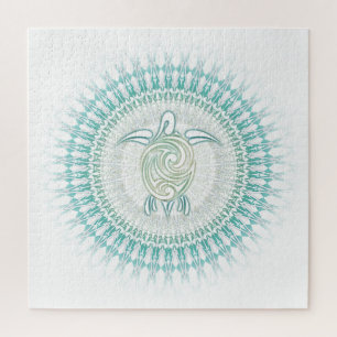 Sea Turtle Mandala White Green Jigsaw Puzzle