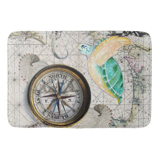 Sea turtle Map Beige Bath Mat (Front)