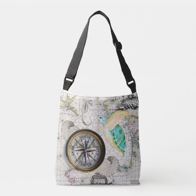 Sea turtle Map Beige Crossbody Bag (Front)