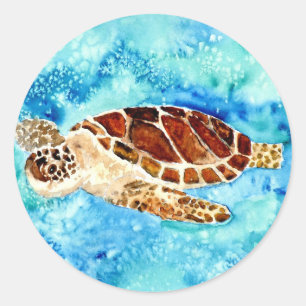 sea turtle marine sealife watercolor painting classic round sticker