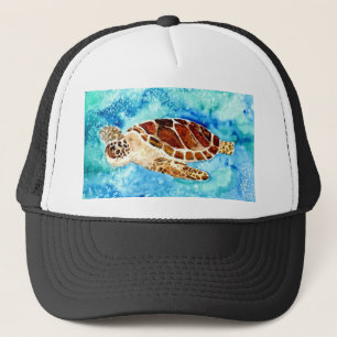 sea turtle marine sealife watercolor painting trucker hat