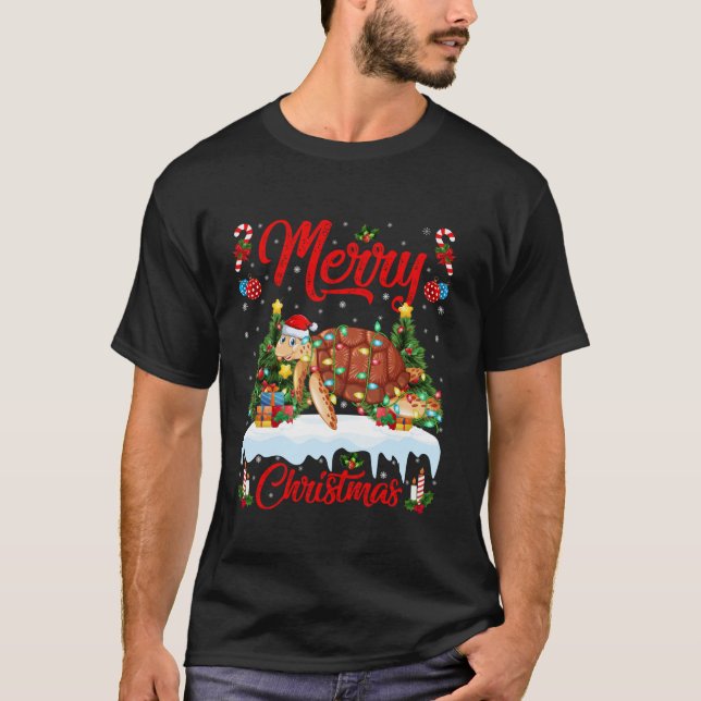 Sea Turtle Merry Christmas Tree Lights Santa Sea T T-Shirt (Front)