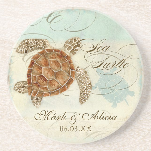 Sea Turtle Modern Coastal Ocean Beach Swirls Style Coaster (Front)