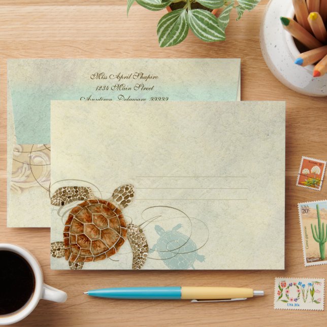 Sea Turtle Modern Coastal Ocean Beach Swirls Style Envelope (Desk)