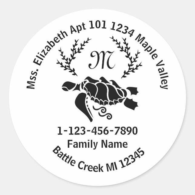 Sea Turtle Monogram Family Home Address Classic Round Sticker (Front)