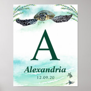 Sea Turtle Monogram Name Birthdate Nursery Poster