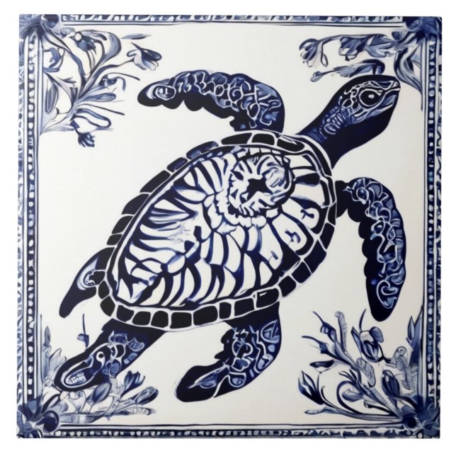 Sea Turtle Navy Blue and White Ocean Beach House Tile (Front)