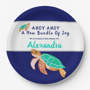 Sea Turtle Navy Blue Nautical Boy Baby Paper Plate