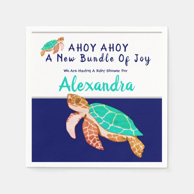 Sea Turtle Navy Blue Nautical Boy Baby Shower Napkin (Front)