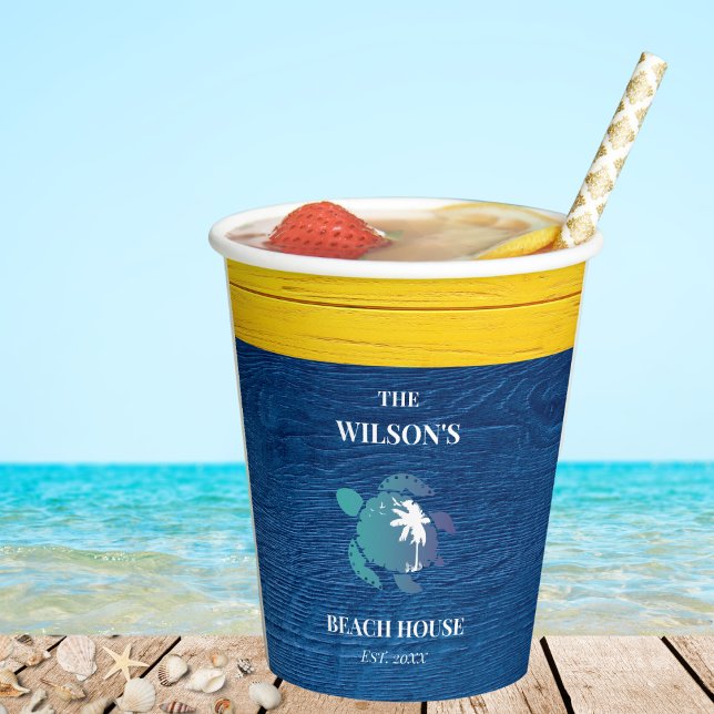Sea Turtle Navy Blue Wood Family Beach House Paper Cups (Creator Uploaded)