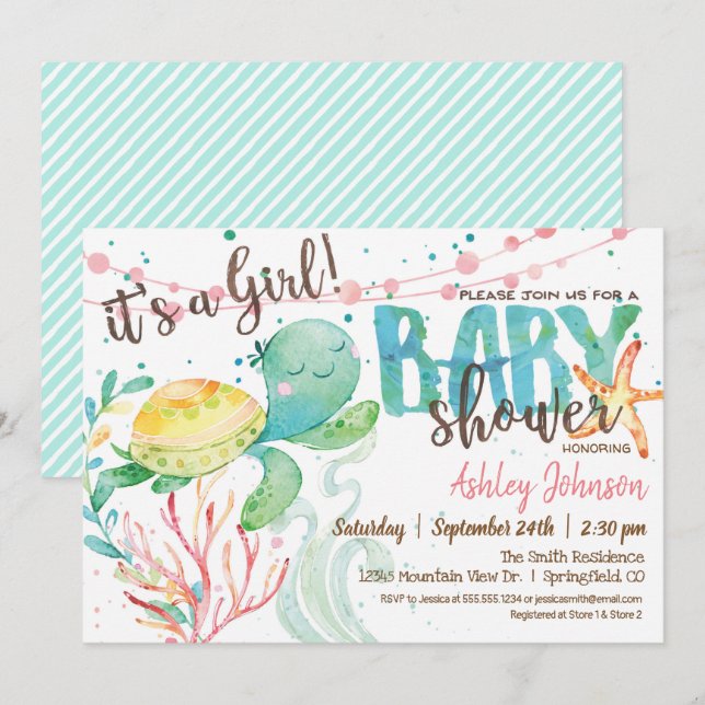 Sea Turtle Ocean Baby Shower invitation, Girl Invitation (Front/Back)
