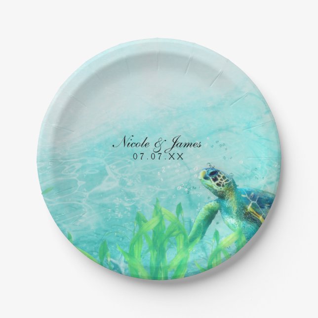 Sea Turtle Ocean Beach Art Elegant Wedding Custom Paper Plate (Front)