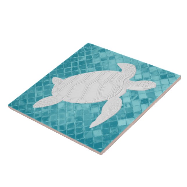 Sea Turtle on Aqua Sea Glass Pattern Tile (Side)