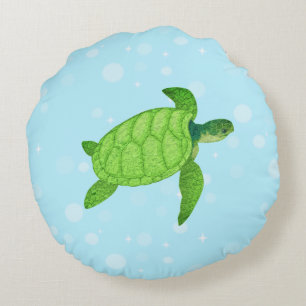 Sea turtle on light blue background round cushion
