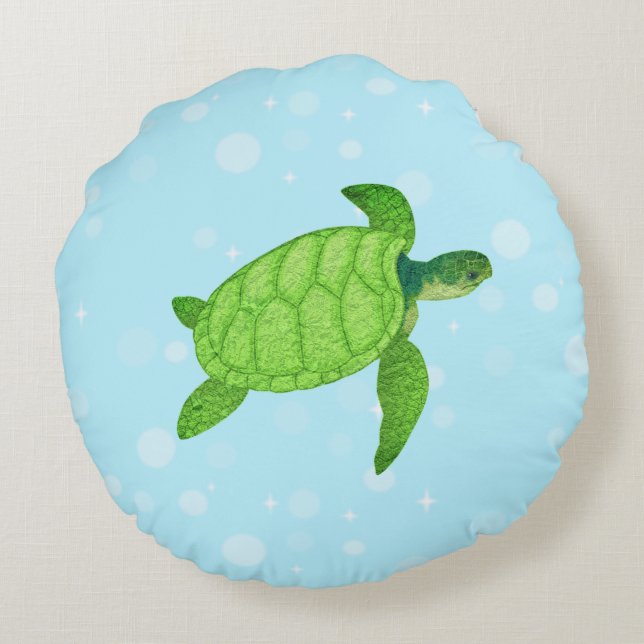Sea turtle on light blue background round cushion (Back)