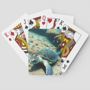 Sea turtle on ocean floor playing cards