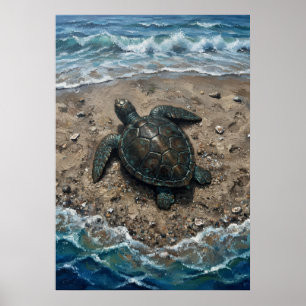 Sea Turtle on Sandy Beach Ocean Wave Oil Painting Poster