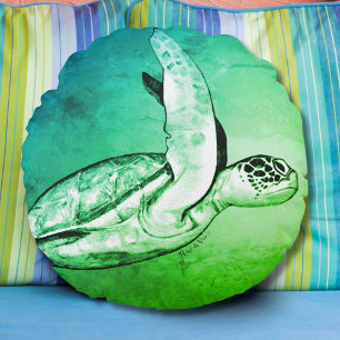 Sea Turtle Original Art Round Cushion