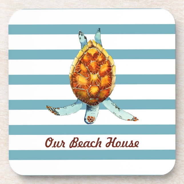 Sea Turtle Our Beach House on Dark Aqua Stripes Coaster (Front)