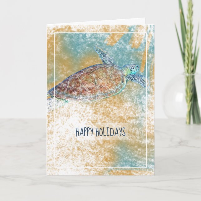 Sea Turtle Painted Art Happy Holidays Card (Front)