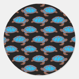 Sea Turtle Pattern Bright Blue on Black Classic Round Sticker