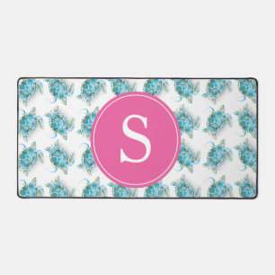 Sea Turtle Pink Monogram Dorm Decor Desk Mat