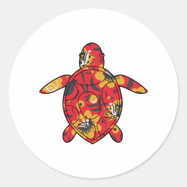 Sea Turtle red floral Classic Round Sticker (Front)