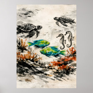 Sea Turtle Reef Watercolor Marine Life Art Poster