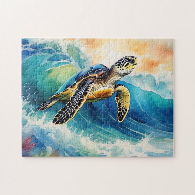 Sea Turtle Riding a Vibrant Wave Watercolor Jigsaw Puzzle (Horizontal)