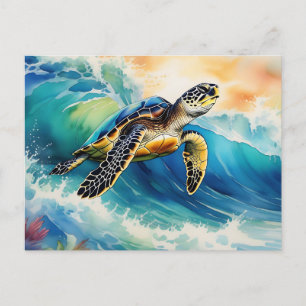 Sea Turtle Riding a Vibrant Wave Watercolor Postcard