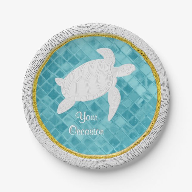 Sea Turtle Rope Aqua Sea Glass Pattern Paper Plate (Front)