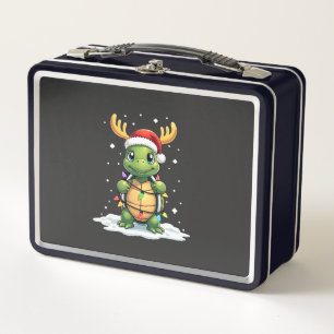 Sea Turtle Santa Christmas Lights Cute Xmas Men Wo Metal Lunch Box