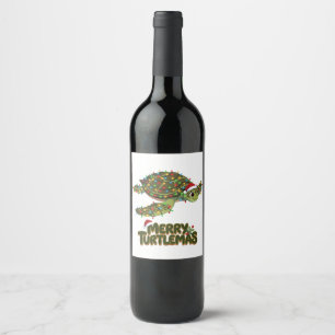 Sea Turtle Santa Hat Christmas Lights Merry Turtle Wine Label