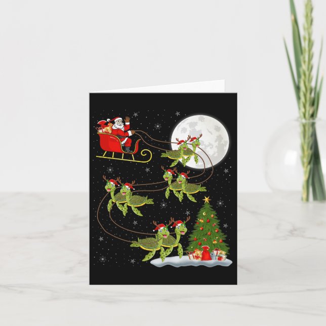 Sea Turtle Santa Sleigh Flying Funny Magical Chris Card (Front)