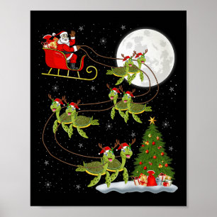 Sea Turtle Santa Sleigh Flying Funny Magical Chris Poster