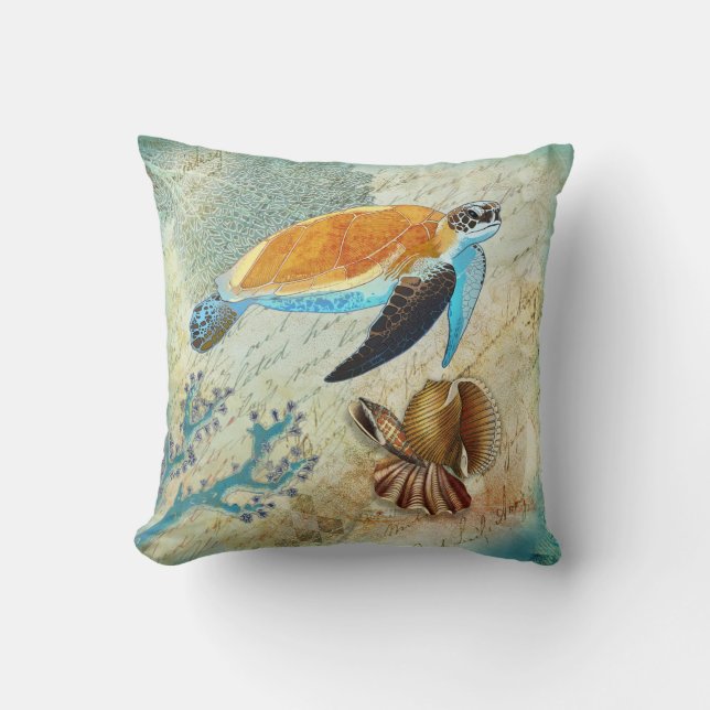 Sea Turtle Seashells Throw Pillow (Front)