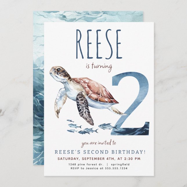 Sea Turtle Second Birthday Invitation (Front/Back)