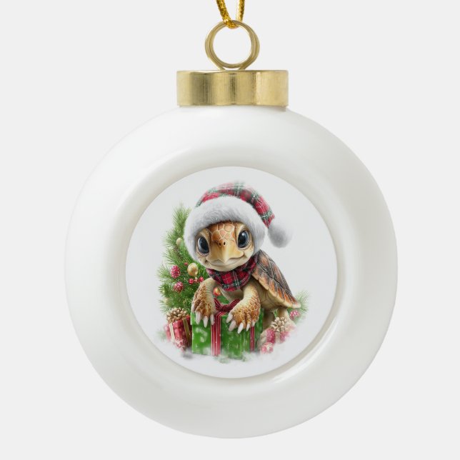 Sea Turtle Shirt Christmas Santa Hat Ceramic Ball Christmas Ornament (Front)
