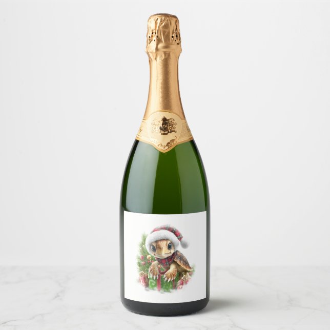 Sea Turtle Shirt Christmas Santa Hat Sparkling Wine Label (Front)