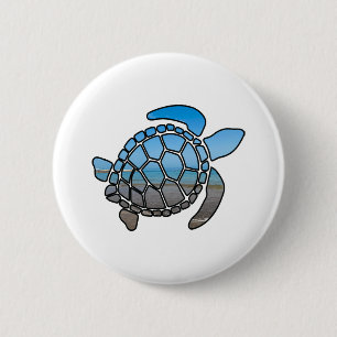 Sea turtle silhouette on summer blue beach waves 6 cm round badge