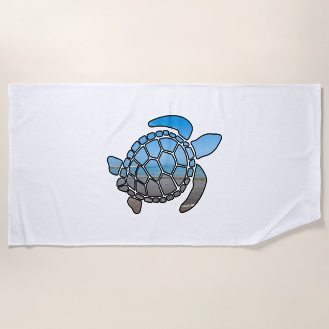 Sea turtle silhouette on summer blue beach waves beach towel (Front)