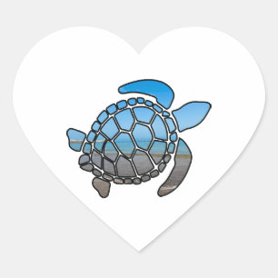 Sea turtle silhouette on summer blue beach waves heart sticker