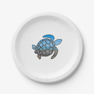 Sea turtle silhouette on summer blue beach waves paper plate