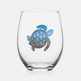 Sea turtle silhouette on summer blue beach waves stemless wine glass