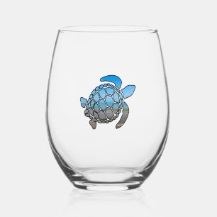 Sea turtle silhouette on summer blue beach waves stemless wine glass