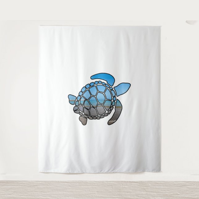 Sea turtle silhouette on summer blue beach waves tapestry (Front)