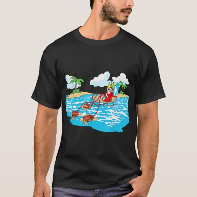 Sea Turtle Sleigh Santa Beach Surfboard Christmas  T-Shirt (Front)